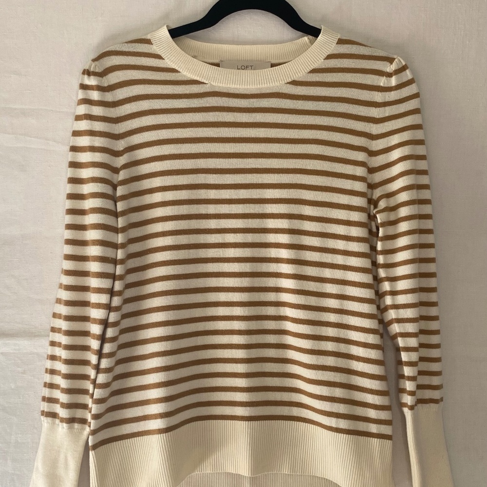 Loft Striped Brown and White Crew Neck Sweater Size Medium
